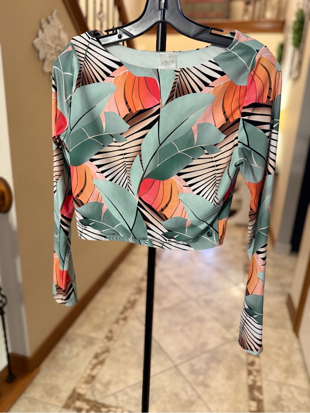 Calia Tropical Floral Open Back Long Sleeve Crop Top Medium